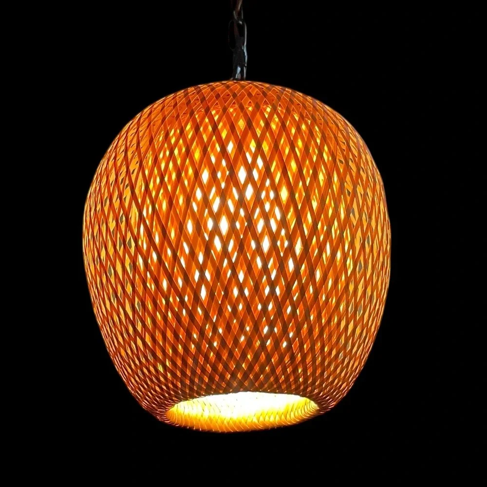 Vintage Woven Bamboo Swag Pendant Light MCM Boho Teardrop Hanging Lamp plug in